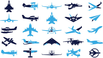 Collection of various airplane icons symbolizing aviation and flight technology. © MdBabul