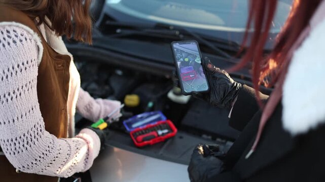 Artificial intelligence helps two women fix car as they film engine with smartphone showing problem and using tools while learning repair steps together in parking lot