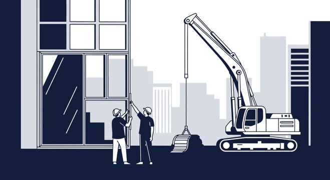 Construction Workers Operating a Crane at a Building Site in Linear Illustration