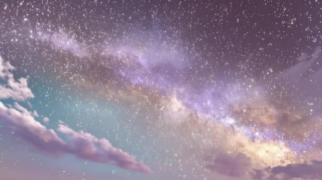 Stars shine brightly in the night sky over a calm landscape with clouds in the foreground