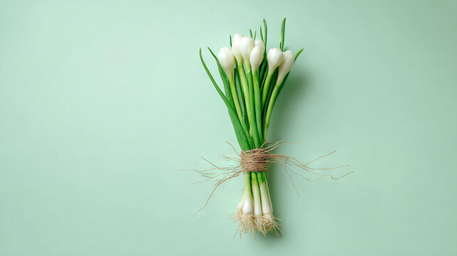 White Onion Bulb Bundled with Natural Twine on Mint Green Background