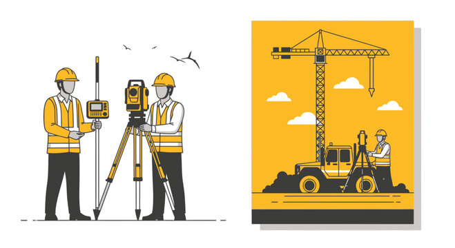 Construction Workers Using Tools and Machinery for Surveying and Engineering Projects
