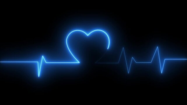 Glowing neon Displaying blue exercise cords with grey foam handles hanging on dark gym wall, neon EKG overlay.4k motion video