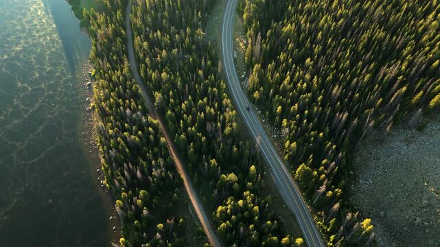 Beartooth Highway in Montana curves through lush pine forest beside crystal clear turquoise lake waters. Golden hour sunlight illuminates treetops as vehicle travels scenic mountain road.