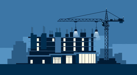 Naklejka premium Evening Construction Site: A Modern Building Rises Under The Midnight Blue Sky