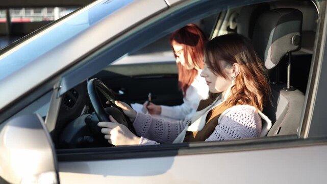 Young woman driving car during lesson focused student behind wheel while instructor checks notes confident learning process calm daylight realistic driving practice session
