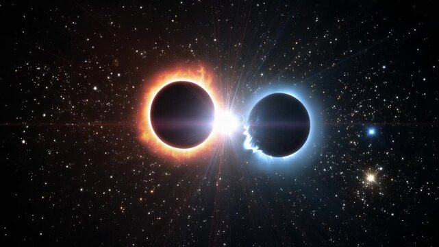 Watch the rare solar eclipse during the summer in the clear sky above a field under the bright sun and shining stars that illuminate the dark background
