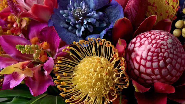 Explore a colorful floral arrangement with different flowers and unique shapes in a bright setting