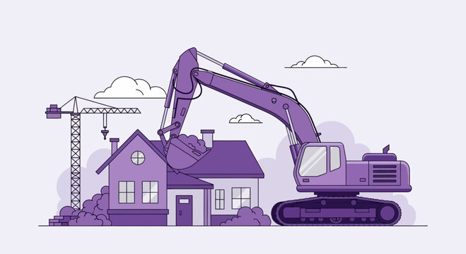 Excavator Demolishing House Construction Site, Purple Illustration For New Beginnings