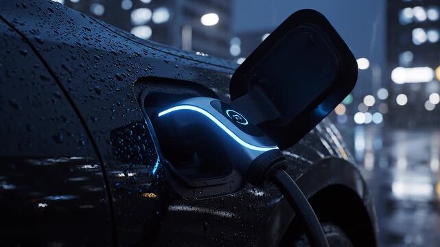 Electric vehicle charging on a rainy night in a city with glowing lights and a modern design
