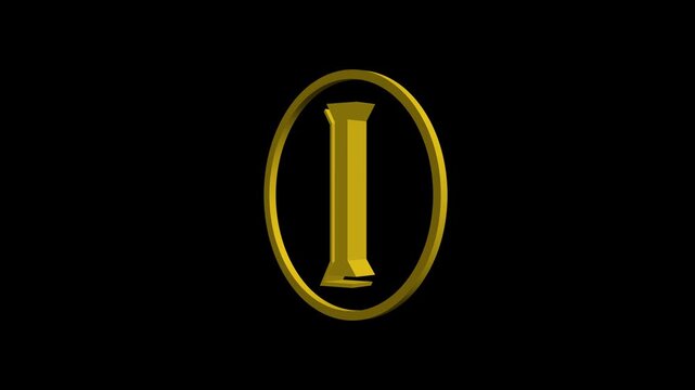 Gold letter i animation, 3 d rotating alphabet symbol on 4k black background branding