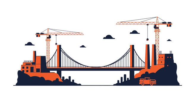 Graphic Illustration Depicting Bridge Construction With Cranes, Building, and Transportation