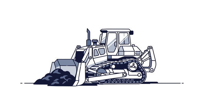 Illustrated Bulldozer Pushing Earth, Simple Construction Vector Design, White Background