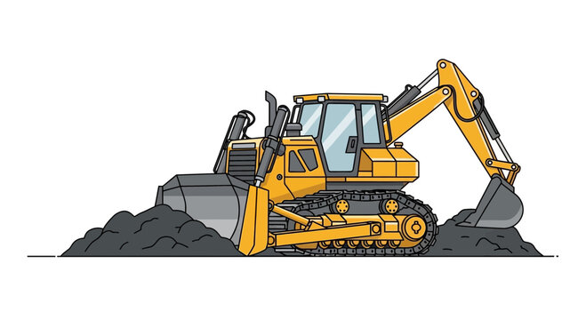 Illustrated Yellow Bulldozer Excavating Earth on Construction Site in a Clear and Simple Design