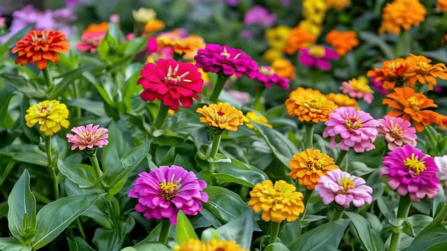 Colorful flowers bloom in a garden during spring highlighting different shades and shapes under bright sunlight while butterflies fly around the plants