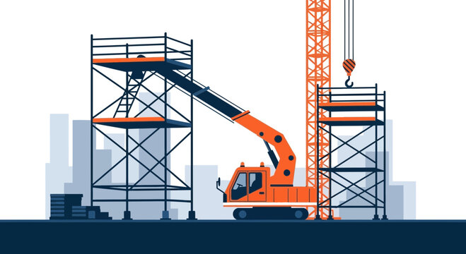 Illustration Of Construction Site: Cranes, Scaffolding And A City Skyline Backdrop