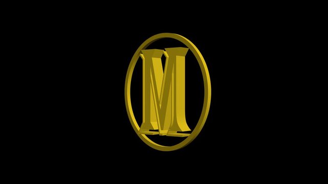 Golden letter m animation rotating in a circle on 4k black background