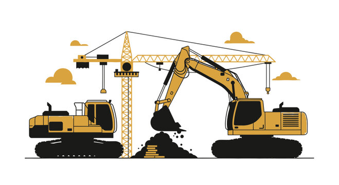 Illustration Of Heavy Construction Equipment Working On A Building Site Development Project