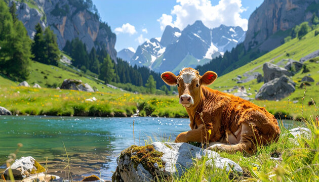 Brown Cow Resting in Mountain Lake