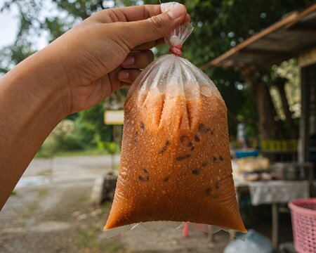 Teh tarik drink in malaysian style plastic held