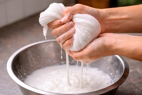 Hands are squeezing coconut milk using a white cloth.