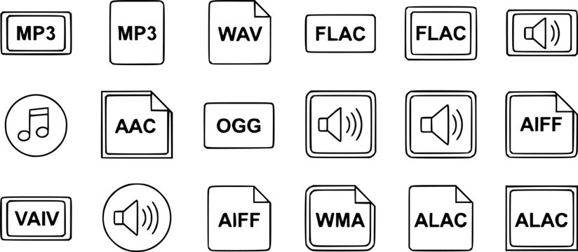 Audio file formats. Set of linear icons of different audio formats. Audio file icons. Vector illustration.