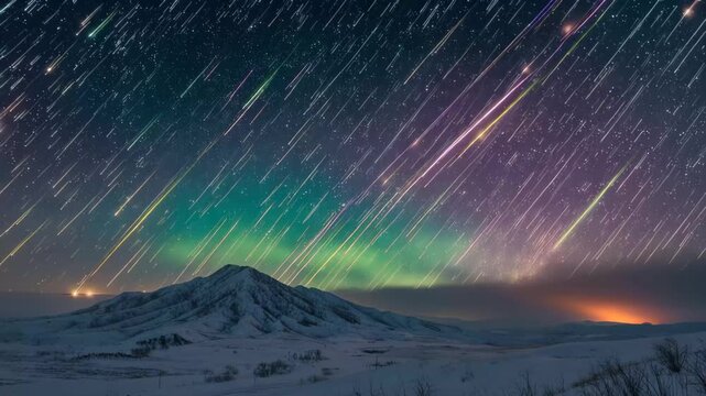Bright meteor shower lights up the night sky over a snowy mountain landscape in winter