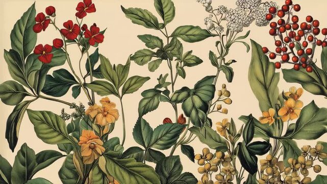 Art display of various flowers and plants in a colorful design highlighting nature's beauty in a creative format