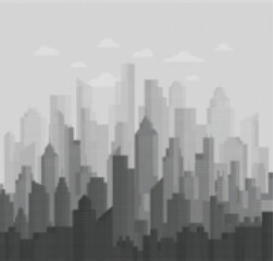 Fototapeta premium Pixel art city skyline silhouette with buildings and clouds in a dark monochromatic urban landscape