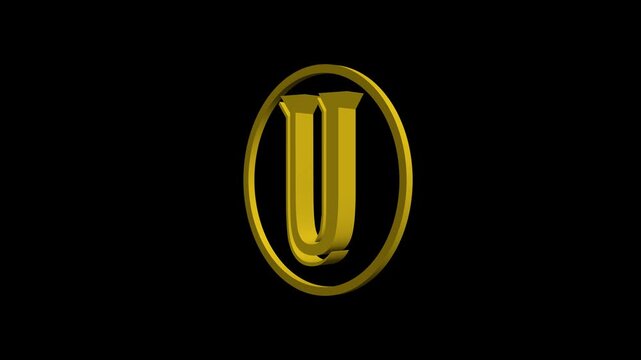 3 d gold letter u rotating animation on 4k black background, metallic typography motion