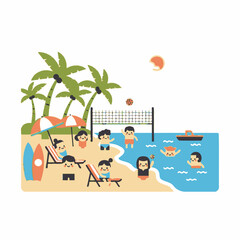 Fototapeta premium Summer Beach Vacation Fun: People Relaxing, Swimming, and Playing Volleyball