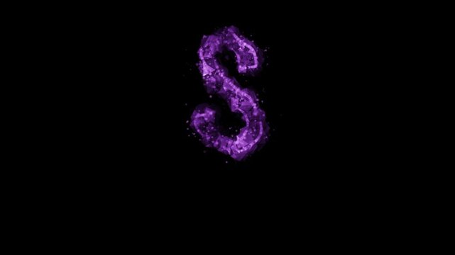 Glowing purple particle letter S on transparent background

Bright violet particles dynamically forming letter S shape with alpha channel for compositing
