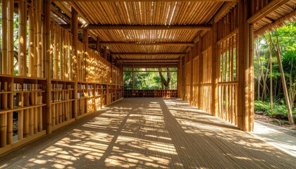 Fototapeta premium Open-air bamboo library with wooden walkway and natural sunlight in eco-friendly design