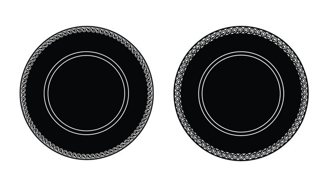 Two circular decorative plates are presented in a stark black and white composition showcasing intricate repeating patterns a silhouette high quality professional detailed modern