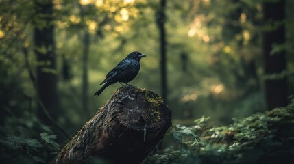 Obraz premium Raven perched on forest log, tranquil woodland scene