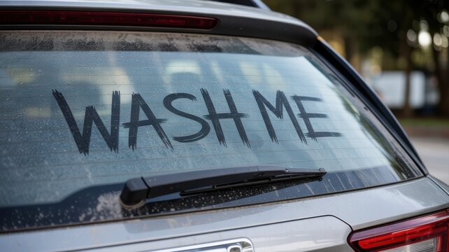 Dirty rear window of a car with the word wash me written in the thick dust
