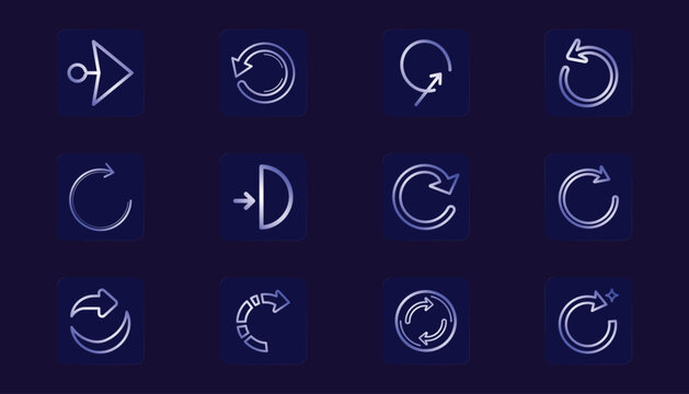  Set of 12 blue gradient minimalist refresh and rotation line icons.