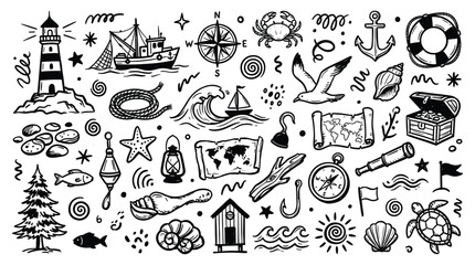 Live streaming doodle illustration of various beach objects and symbols © Merisca
