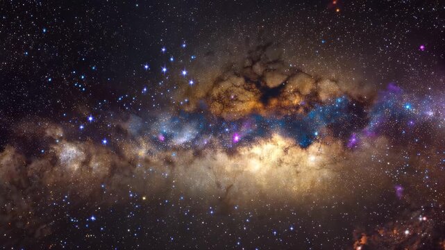 Stars and galaxies shine in the night sky above Earth in a stunning view of outer space from a remote location during the hours of darkness