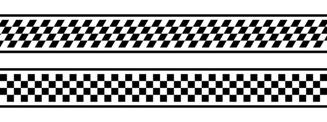 Set of borders, separators or dividers with checkered print. Tapes with rally flag, chess board, taxi or police pattern. Strips with repeated black and white squares. Vector graphic illustration © Andrii