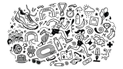 Illustration of people running with various sports equipment and doodles © Merisca