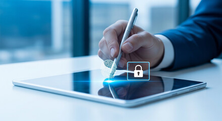 Naklejka premium A hand in a blue suit using a stylus on a tablet with a fingerprint scan 