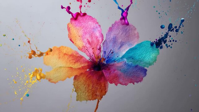 Colorful watercolor flower painting on paper with splash effects in a bright and creative setting