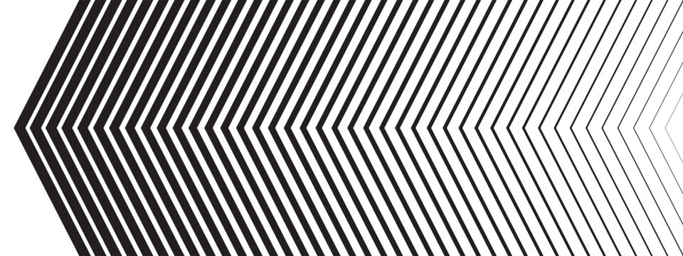 Repeated left sided chevron arrows with different thickness and fade effect. Forward, fast, speed or motion background. Abstract striped gradation print. Vector graphic illustration