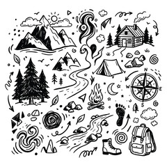 Naklejka premium Camping adventure scene with mountains, house, tent, and trees at night