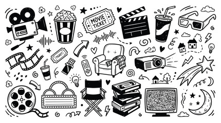 Doodle illustration of a lively movie festival with various film related objects © Merisca