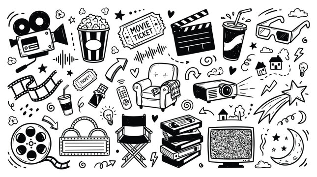 Doodle illustration of a lively movie festival with various film related objects