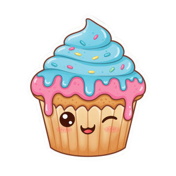 A cute cartoon cupcake with blue frosting and sprinkles isolated on white background