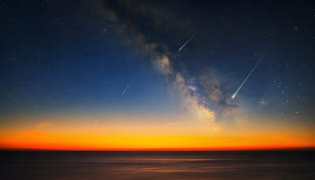 A serene ocean landscape at sunset with a stunning starry night sky and shooting stars streaking across it