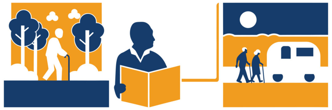 Senior people collection: old man walking in park, reading book, and couple camping. active aged lifestyle vector.